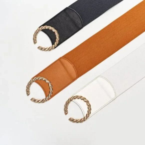 NEW WOMEN Stretchy Belt Metal Buckle Brown1 - Picture 4 of 7